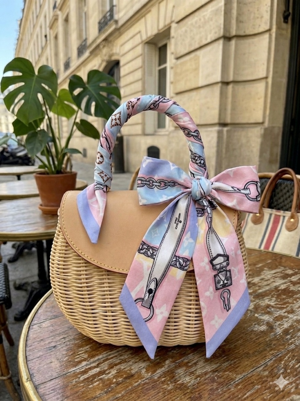 👛 Designer Bandeau Silk Twilly Scarf in Chain Pastel